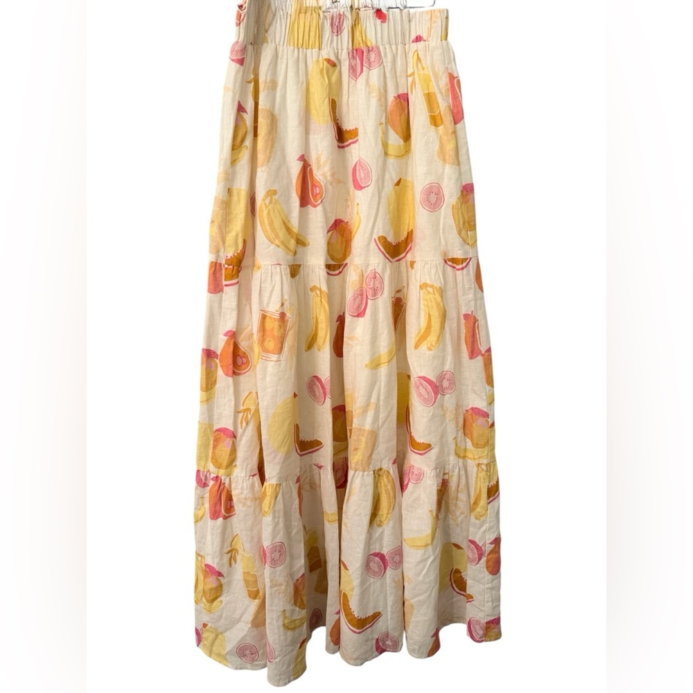 Charlie Holiday Fruit Print Tiered Maxi Skirt M Linen Blend plus J. Crew Tee - Picture 2 of 13